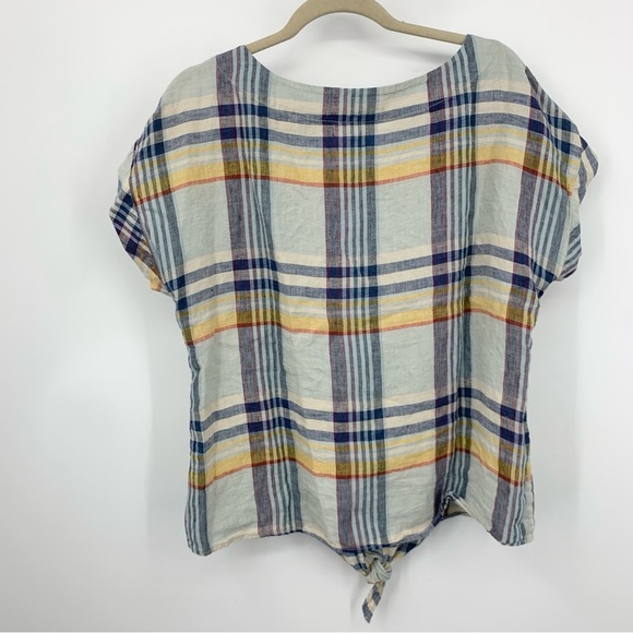 LL Bean Signature Women Size Medium Shirt Front Tie Top Blue Plaid Linen - Picture 3 of 6